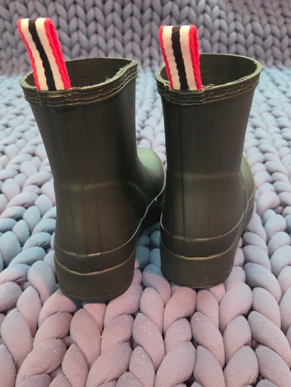 Hunter Black Rain Boots with Red Logo and Striped Pull Tabs - Picture 3 of 5
